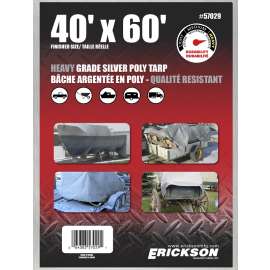 Erickson 57029 Heavy-Grade Tarp, 60 ft L, 40 ft W, Poly, Silver