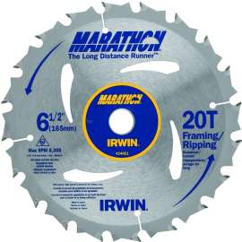 IRWIN MARATHON 24021 Circular Saw Blade, 6-1/2 in Dia, 5/8 in Arbor, 20-Teeth, Carbide Cutting Edge