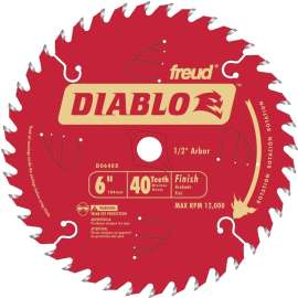 Diablo D0640X Circular Saw Blade, 6 in Dia, 1/2 in Arbor, 40-Teeth, Carbide Cutting Edge