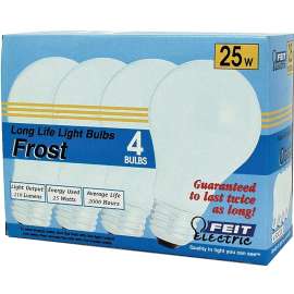 Feit Electric 25A/4-130 Incandescent Bulb, 25 W, A19 Lamp, Medium E26 Lamp Base, 210 Lumens, 2700 K Color Temp