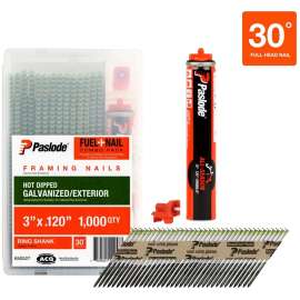 Paslode 650527 Framing Fuel and Nail Combo Pack, 3 in L, Low Carbon Steel, Hot-Dip Galvanized, Round Head, Ring Shank