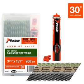 Paslode 650615 Fuel and Nail Combo Pack, 1-1/4 in L, 16 ga Gauge, Steel, Hot-Dip Galvanized, Heel-Less Offset Head
