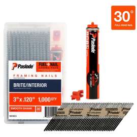 Paslode 650524 Framing Fuel and Nail Combo Pack, 3 in L, Low Carbon Steel, Bright, Round Head, Smooth Shank