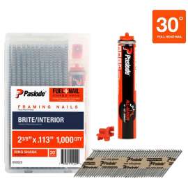 Paslode 650523 Framing Fuel and Nail Combo Pack, 2-3/8 in L, Low Carbon Steel, Bright, Round Head, Ring Shank