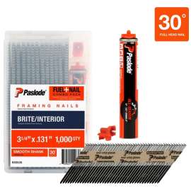 Paslode 650535 Framing Fuel and Nail Combo Pack, 3-1/4 in L, Low Carbon Steel, Bright, Round Head, Smooth Shank