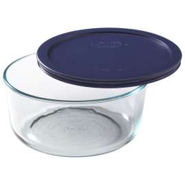 PYREX 6017397 Storage Plus Bowl, 2 Cups Capacity, Glass/Plastic, Clear/Navy Blue