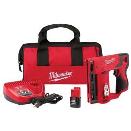 Milwaukee 2447-21 Crown Stapler Kit, Battery Included, 1.5 Ah, 3/8 in W Crown, 1/4 to 9/16 in L Leg, Flat Crown Staple