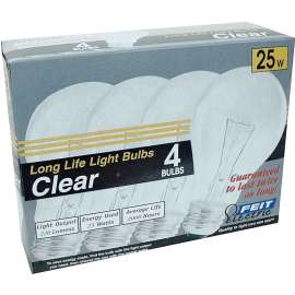 Feit Electric 25A/CL/4-130 Incandescent Bulb, 25 W, A19 Lamp, Medium E26 Lamp Base, 210 Lumens, 2700 K Color Temp