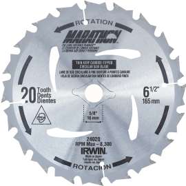 IRWIN MARATHON 24020 Circular Saw Blade, 6-1/2 in Dia, 5/8 in Arbor, 18-Teeth, Carbide Cutting Edge