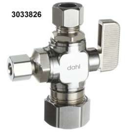 DAHL mini-ball 511-33-31-30 Straight Dual Outlet Valve, 5/8 x 3/8 x 1/4 in Connection, Compression, Brass Body