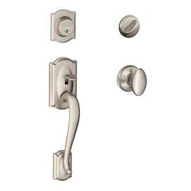 Schlage Camelot Series F60VCAMXSIE619 Handleset, 1 Grade, Keyed Different Key, Brass, Satin Nickel, C Keyway