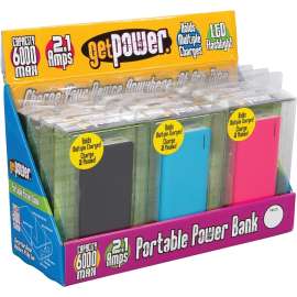 GetPower GP-DIS-PWRPCKV2 Power Bank, 2.1 A Charge, Black/Blue/Pink