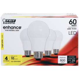 Feit Electric OM60/930CA10K/4 LED Bulb, General Purpose, A19 Lamp, 60 W Equivalent, E26 Lamp Base, Bright White Light