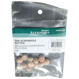 ALEXANDRIA Moulding DP009-40CB Screw Hole Button, 3/8 in Dia, Oak Wood, Round Head