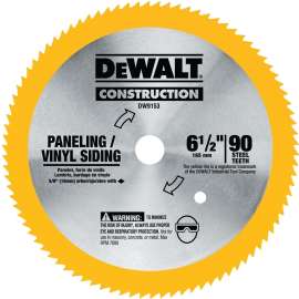 DeWALT DW9153 Circular Saw Blade, 6-1/2 in Dia, 5/8 in Arbor, 90-Teeth, Steel Cutting Edge