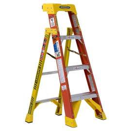 WERNER L6200 Series L6204 Leaning Ladder, 7 ft 3 in, 8 ft 4 in Max Reach H, 4-Step, 300 lb, Fiberglass, Orange/Yellow