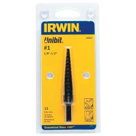 Irwin Unibit 10231 Step Drill Bit, 1/8 to 1/2 in Dia, 1-Flute, 1/4 in Dia Shank, Hex Shank