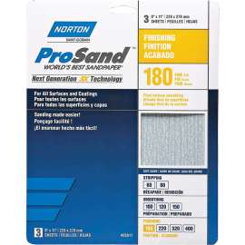 NORTON ProSand 07660768159 Sanding Sheet, 11 in L, 9 in W, Fine, 180 Grit, Aluminum Oxide Abrasive, Paper Backing
