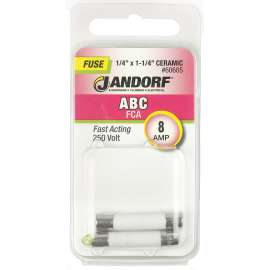 Jandorf 60605 Fast Acting Fuse, 8 A, 250 V, 200 A, 10 kA Interrupt, Ceramic Body