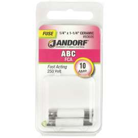 Jandorf 60606 Fast Acting Fuse, 10 A, 250 V, 200 A, 10 kA Interrupt, Ceramic Body