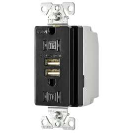 EATON TR7755BK-BOX USB Charger, 2 -Pole, 15 A, 125 VAC, 2 -USB Port, NEMA: NEMA 5-15R, Black