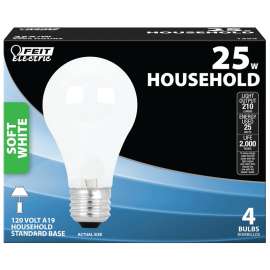 Feit Electric 25A/W/4 Incandescent Bulb, 25 W, A19 Lamp, Medium E26 Lamp Base, 210 Lumens, 2700 K Color Temp
