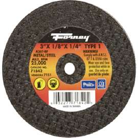 Forney 71842 Cut-Off Wheel, 3 in Dia, 1/8 in Thick, 1/4 in Arbor, 36 Grit, Medium, Aluminum Oxide Abrasive