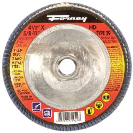 Forney 71921 Flap Disc, 4-1/2 in Dia, 5/8-11 Arbor, 60 Grit, Medium, Zirconia Aluminum Abrasive