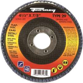 Forney 71926 Flap Disc, 4-1/2 in Dia, 7/8 in Arbor, 36 Grit, Medium, Zirconia Aluminum Abrasive