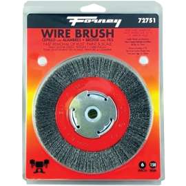 Forney 72751 Wire Bench Wheel Brush, 6 in Dia, 1/2 to 5/8 in Arbor/Shank, 0.008 in Dia Bristle