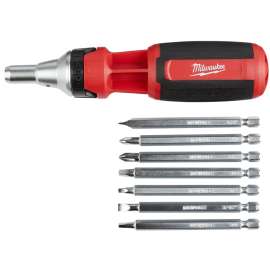 Milwaukee 48-22-2322 Ratcheting Multi-Bit Driver, 1/4 in Drive, Square Drive, 7 in OAL, Plastic Handle, Magnetic