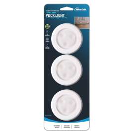 Westek BL-PUTN-W3 Compact Ultra-Thin Puck Light, 12 V, AAA Battery, 1-Lamp, LED Lamp, 50 Lumens, White