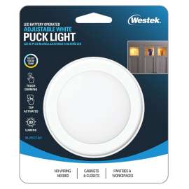 Westek BL-PCCT-W1 Adjustable Puck Light, AA Battery, LED Lamp, 80 Lumens, 3000, 4000, 5000 K Color Temp, White