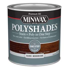 Minwax PolyShades 214854444 Wood Stain and Polyurethane, Gloss, Mission Oak, Liquid, 0.5 pt, Can