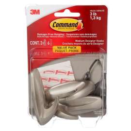 Command 17081BN-3ES Medium Designer Hook, 3 lb, 3-Hook, Plastic, Brushed Nickel