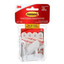 Command 17002C-VP Small Utility Hook, 1 lb, 6-Hook, Plastic, White