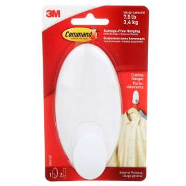 Command 17019-ES Large Clothes Hanger Hook, 7.5 lb, 1-Hook, Plastic, White