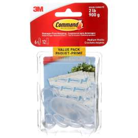 Command 17091CLRC-VP Medium Hook, 2 lb, 6-Hook, Plastic, Clear