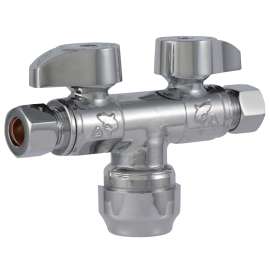 SharkBite SBDS123838 Dual Shut-Off Valve, 1/2 x 3/8 in Connection, Push-to-Connect x Compression, 4 gpm, Brass Body