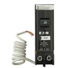 EATON BRN120GF Circuit Breaker, GFCI, Type BR, 20 A, 1 -Pole, 120/240 VAC, Trip-to-Center Trip, Plug Mounting