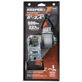 KEEPER 05530 Rack Ratchet, 1-1/2 in W, 8 ft L, Polyester, Black, 500 lb Working Load, Double J-Hook End