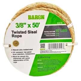 BARON 53210 Rope, 3/8 in Dia, 50 ft L, 97 lb Working Load, Sisal, Natural