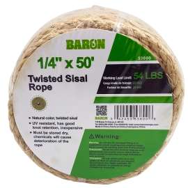 BARON 53800 Rope, 1/4 in Dia, 50 ft L, 54 lb Working Load, Sisal, Natural