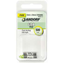 Jandorf 60672 Fast Acting Fuse, 500 mA, 250 V, 1500 A Interrupt, Ceramic Body