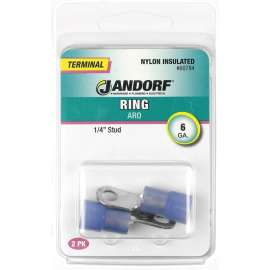 Jandorf 60784 Ring Terminal, 6 AWG Wire, 1/4 in Stud, Nylon Insulation, Copper Contact, Blue