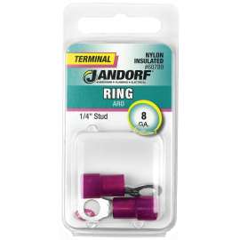 Jandorf 60789 Ring Terminal, 8 AWG Wire, 1/4 in Stud, Nylon Insulation, Copper Contact, Red