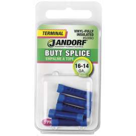 Jandorf 60860 Butt Splice Connector, 16 to 14 AWG Wire, Vinyl Insulation, Copper Contact, Blue