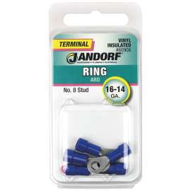 Jandorf 60906 Ring Terminal, 16 to 14 AWG Wire, #8 Stud, Vinyl Insulation, Copper Contact, Blue