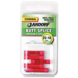 Jandorf 60934 Butt Splice Connector, 22 to 18 AWG Wire, Vinyl Insulation, Copper Contact, Red