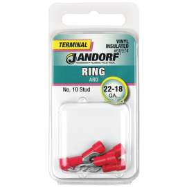 Jandorf 60974 Ring Terminal, 22 to 18 AWG Wire, #10 Stud, Vinyl Insulation, Copper Contact, Red